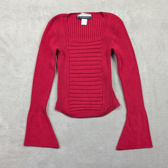 Wayne Rogers Sweater Womens Medium Red Silk Blend Bell Sleeve Ribbed Square Neck — photo 2